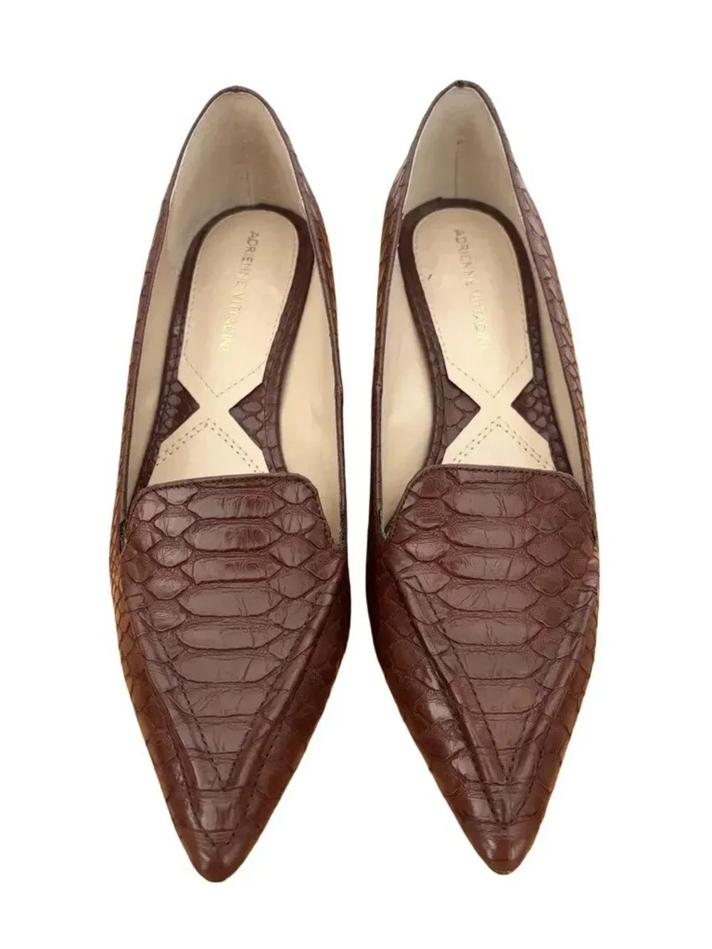 ADRIENNE VITTADINI Croc Embossed Pointed Toe Leather Kitten Heels Cognac SZ 8.5